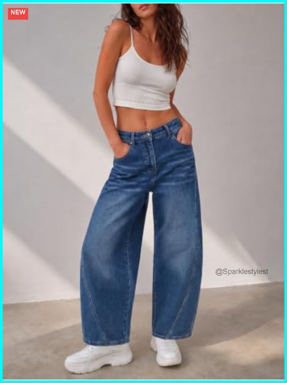 High Waist Wide Leg Cropped Jeans Baggy Barrel Denim Pants Stretch - Picture 3 of 6